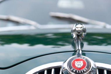 Chennai, India, December 18th 2022: Jaguar Mark 1 Closeup with Logo. Jaguar 2.4 Litre special equipment early 1957. Jaguar Land Rover. Jaguar Cars Luxury vehicles company,