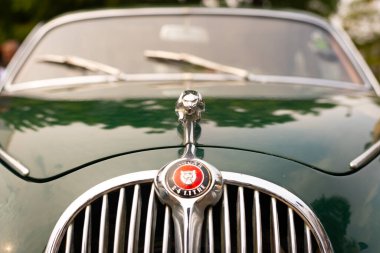 Chennai, India, December 18th 2022: Jaguar Mark 1 Closeup with Logo. Jaguar 2.4 Litre special equipment early 1957. Jaguar Land Rover. Jaguar Cars Luxury vehicles company,