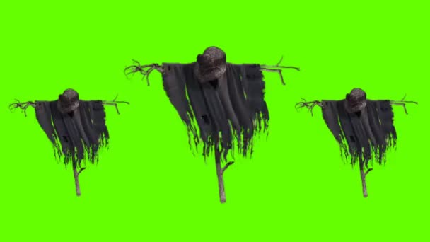 Tre Spaventosi Spaventapasseri Zucca Incrociano Sullo Sfondo Dello Schermo Verde — Video Stock