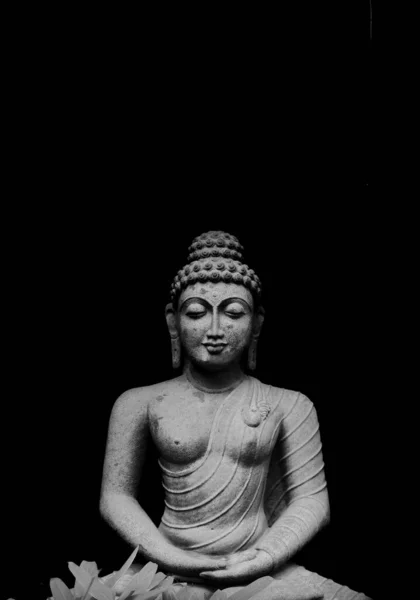 Buddha Statue Isolated On Black Background, Granite Buddha Statue Portrait.