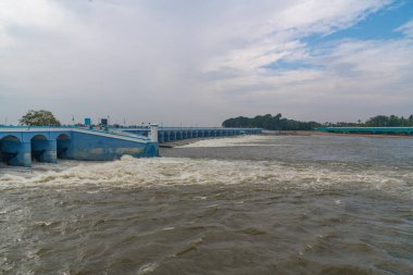Perfect view of Kallanai Dam . One of the world's oldest dams. The Kaveri River water flows on Kallanai dam grand anicut.