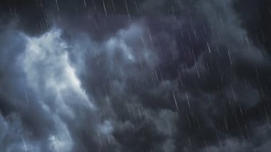 Şiddetli Yıldırım Çarpması 'nın 4K Soyut Animasyonu Şiddetli Sağanak Yağmurlu Kara Fırtına Bulutları. Saf ve yoğun hava durumu. Fırtına ve Bulutlarda Sersemletici Yıldırımlar.
