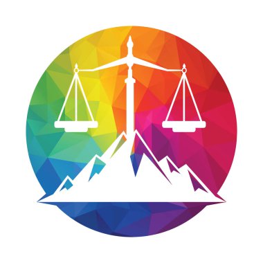 Dağlar ve adalet sembolleri. Hukuk ölçeği logo tasarımı.