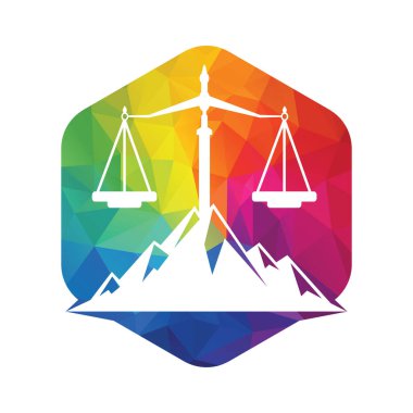 Dağlar ve adalet sembolleri. Hukuk ölçeği logo tasarımı.