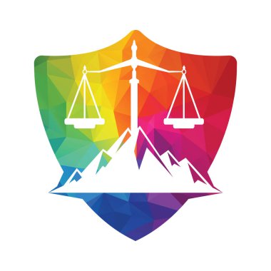 Dağlar ve adalet sembolleri. Hukuk ölçeği logo tasarımı.
