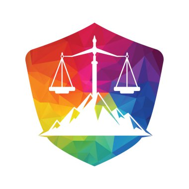 Dağlar ve adalet sembolleri. Hukuk ölçeği logo tasarımı.