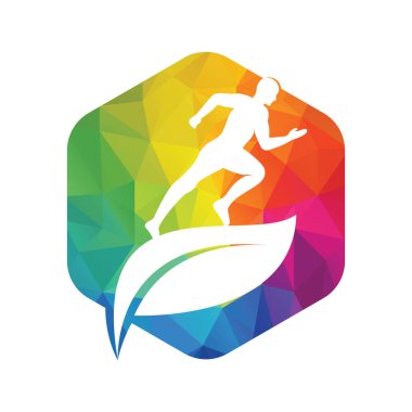 Yeşil yapraklı koşucu logosu tasarımı. Fizyoterapi konsept vektör tasarımı.