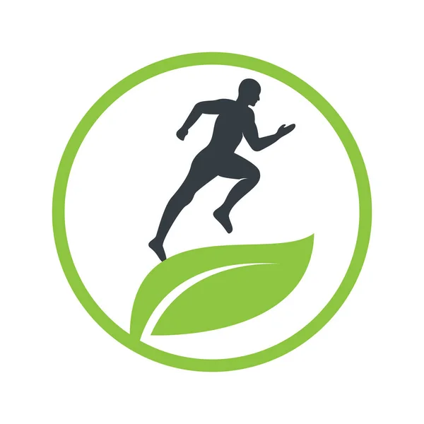 Progettazione Concetto Logo Corridore Foglia Verde Progettazione Vettoriale Del Concetto — Vettoriale Stock