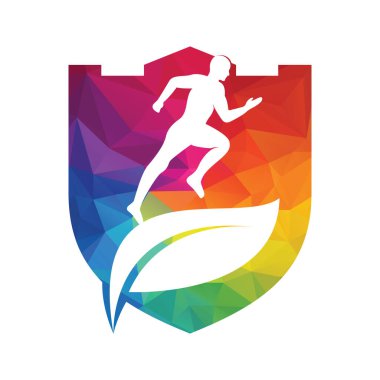 Yeşil yapraklı koşucu logosu tasarımı. Fizyoterapi konsept vektör tasarımı.