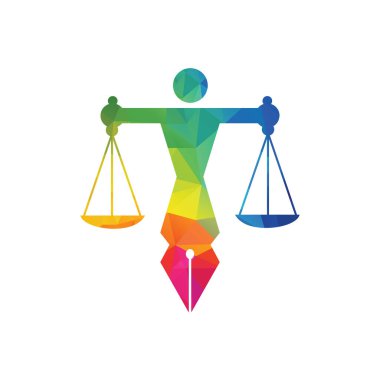 Kalem ucundaki insan adaleti terazisi. Hukuk, mahkeme, adalet hizmetleri ve firmalar için logo vektörü.