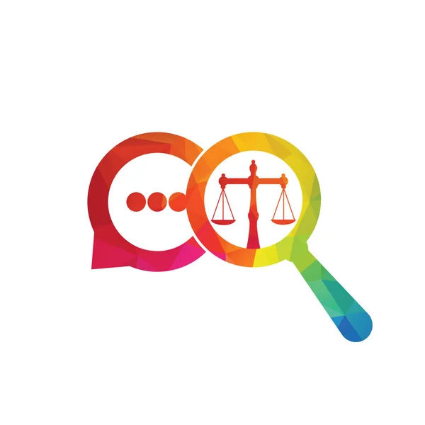 Büyüteç ve Adalet Logosu Şablonu Tasarımı. Avukat Dengesi ve Sohbet Logosu.