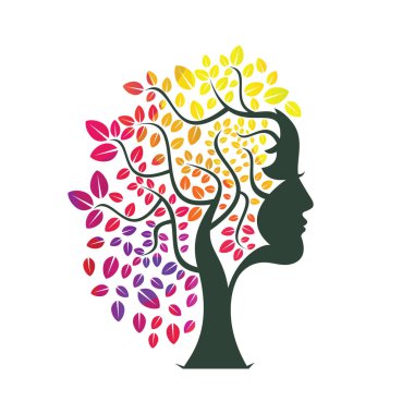 Kadın Ağaç Vektör Şablonu Tasarımı. Kadın Yüzü Yaprak Vektörü Tasarımı.