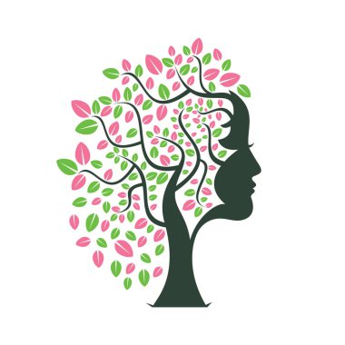 Kadın Ağaç Vektör Şablonu Tasarımı. Kadın Yüzü Yaprak Vektörü Tasarımı.