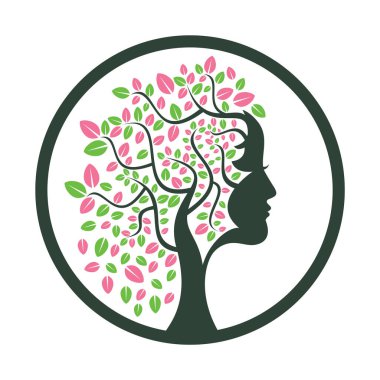 Kadın Ağaç Vektör Şablonu Tasarımı. Kadın Yüzü Yaprak Vektörü Tasarımı.