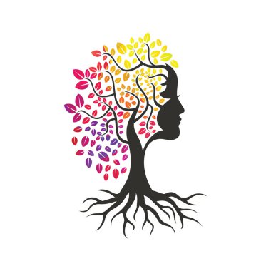 Kadın Ağaç Vektör Şablonu Tasarımı. Kadın Yüzü Yaprak Vektörü Tasarımı.