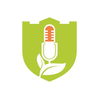Podcast yaprağı doğa ekoloji vektör logosu tasarımı. Mikrofonlu ve yapraklı Podcast talk show logosu.