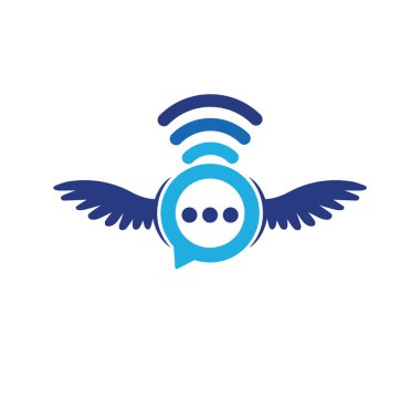 Kanat tasarımı vektör işaretli Wi-Fi logosu. Uçan Sohbet kabarcığı kablosuz logosu.