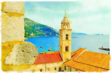 Dubrovnik 'in tarihi şehrinin sanatsal suluboya görüntüsü. Çan kulesi, kırmızı çatılar ve canlı Adriyatik kıyıları var..
