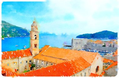 Dubrovnik 'in tarihi şehrinin sanatsal suluboya görüntüsü. Çan kulesi, kırmızı çatılar ve canlı Adriyatik kıyıları var..