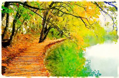 Hırvatistan 'ın Plitvice kentinde altın sonbahar yapraklarıyla çevrili huzurlu bir göl boyunca uzanan ahşap bir yürüyüş yolunun sakin suluboya görüntüsü.