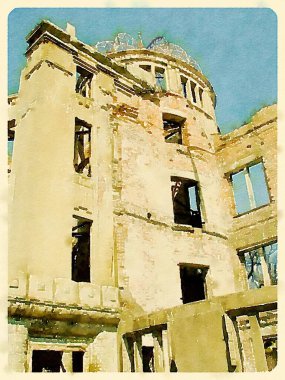 Hiroşima 'nın ufuk çizgisini gösteren sanatsal suluboya resim Barış Anıtı Parkı' nı vurguluyor ve tarihsel önemi modern kentsel gelişimle harmanlıyor..