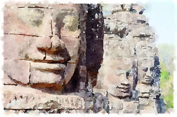 Angkor Thom 'daki Bayon Tapınağı' nın ikonik taş yüzlerini resmeden suluboya resim, Kamboçya 'nın antik Khmer mirasını gözler önüne seriyor..