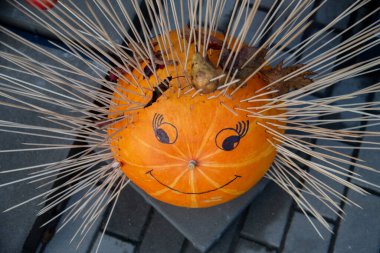 Evde sonbahar balkabakları süslemek. Geleneksel Şükran Günü ve Cadılar Bayramı dekorasyonu. Sonbaharın malları