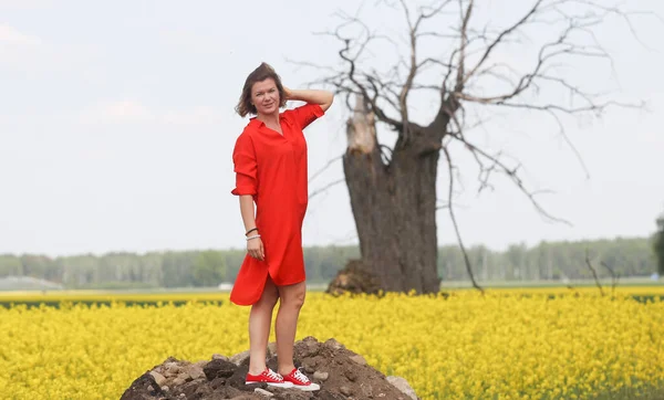 Uma Bela Jovem Mulher Vestido Vermelho Posa Nos Campos — Fotografia de Stock