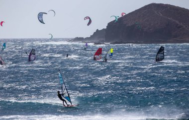 Windsurfers in windy weather on the coast of the island of Tenerife 01 08 2022