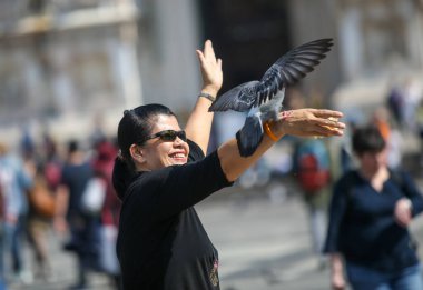 Milan Meydanı, İtalya 'daki güvercinleri beslemek, 04 09 2017