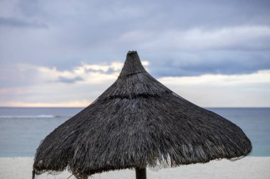 Mauritius 'taki tropikal sahil şeridinde güneş şemsiyesi ve plaj yatakları.