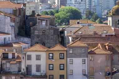 Portekiz 'in eski Porto kasabasının kiremitli çatılarından manzarayı izle.