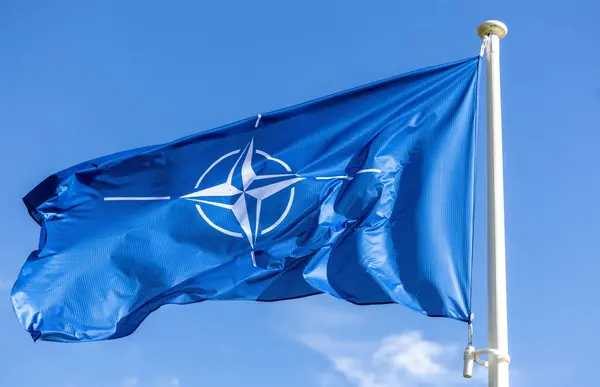 Mavi NATO bayrağı mavi gökyüzünde dalgalanıyor. Askeri ittifak sembolü