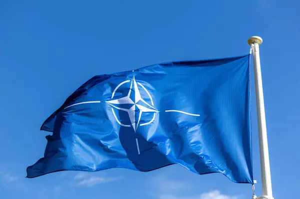 stock image The blue NATO flag flutters against the blue sky. Military alliance symbol