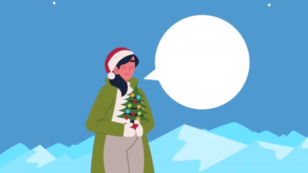 Mulher Com Caráter Árvore Natal Vídeo Animado — Vídeo de Stock