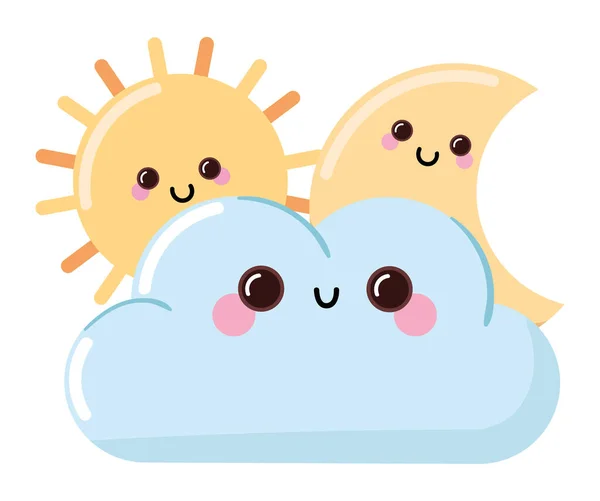 Cloud Sun Moon Kawaii Weather Icon Isolated — Stock Vector