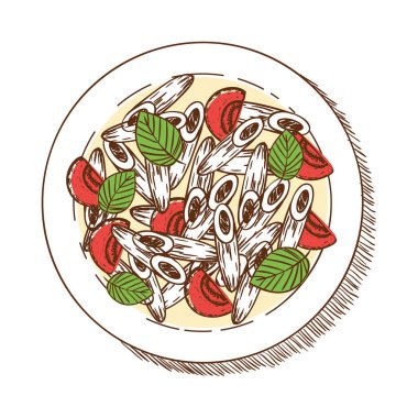 Penne ve domates yemek ikonu izole