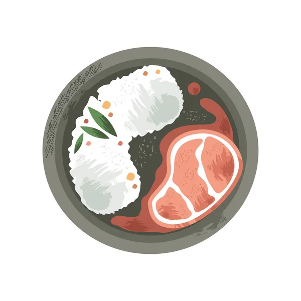 Filete Ternera Con Arroz Chapado Alimentos Icono Aislado — Vector de stock