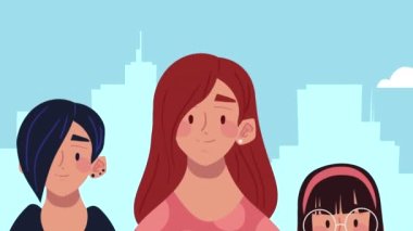 Şehir animasyonunda üç kız, 4k video animasyonu