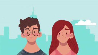 Şehir animasyonunda genç bir çift, 4k video animasyonu