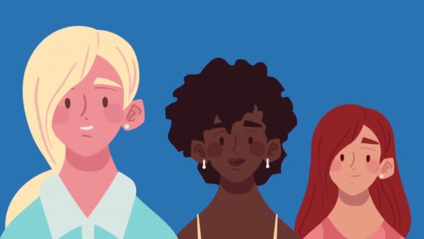 Три Міжрасові Дівчата Персонажів Анімація Відео Анімовані — стокове відео