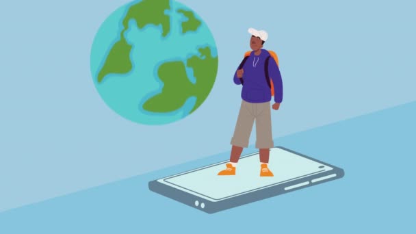 地球とスマートフォンのアフロ旅行者4Kビデオ アニメーション — ストック動画