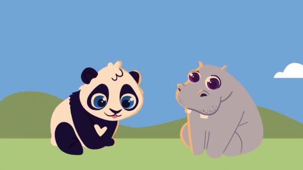 パンダとカバのキャラクターアニメーション4Kビデオアニメーション — ストック動画