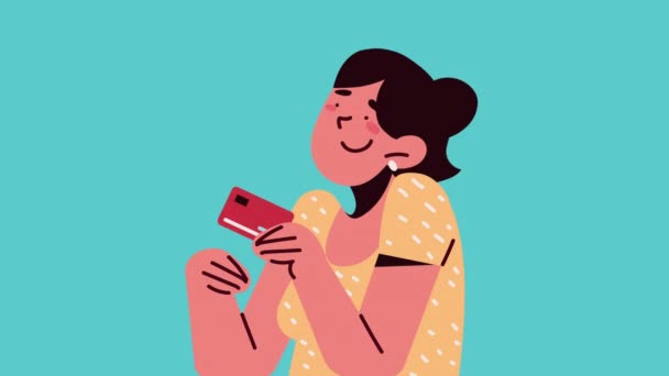 Mulher Com Cartão Crédito Economia Animação Vídeo Animado — Vídeo de Stock