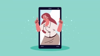 Akıllı telefon karakter animasyonunda iş kadını, 4k video animasyonu
