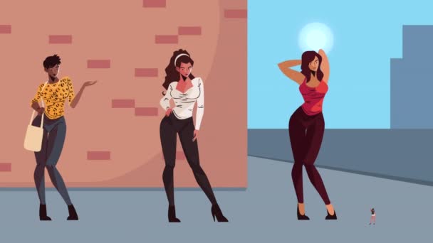 Fiatal Nők Modellkedés Utcán Videó Animált — Stock videók