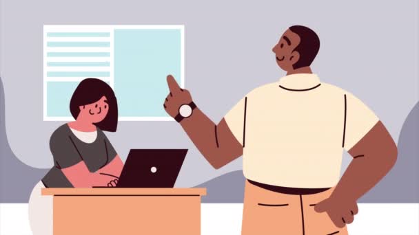 Pareja Negocios Interracial Oficina Video Animado — Vídeos de Stock