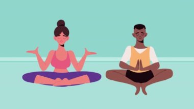 Yoga yapan ırklar arası çift, 4k video animasyonu.