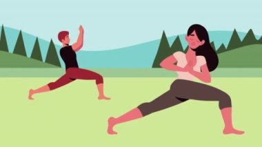 Yoga karakterlerini canlandıran çift, 4k video animasyonu.