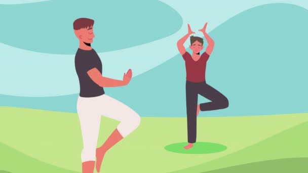 Jongens Oefenen Yoga Landschap Video Geanimeerd — Stockvideo